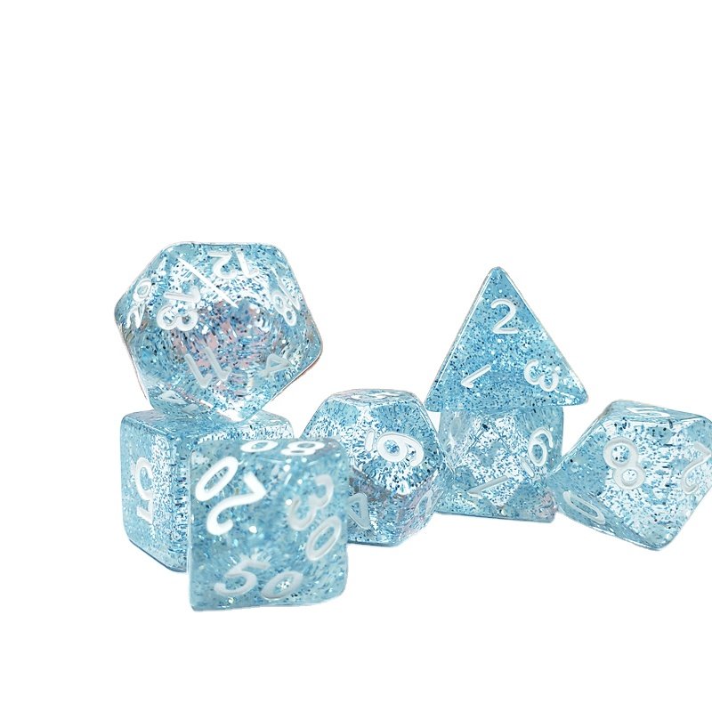 Custom Logo Resin Transparent Glitter Blue Polyhedral Board Games Dice Set For RPG D&D