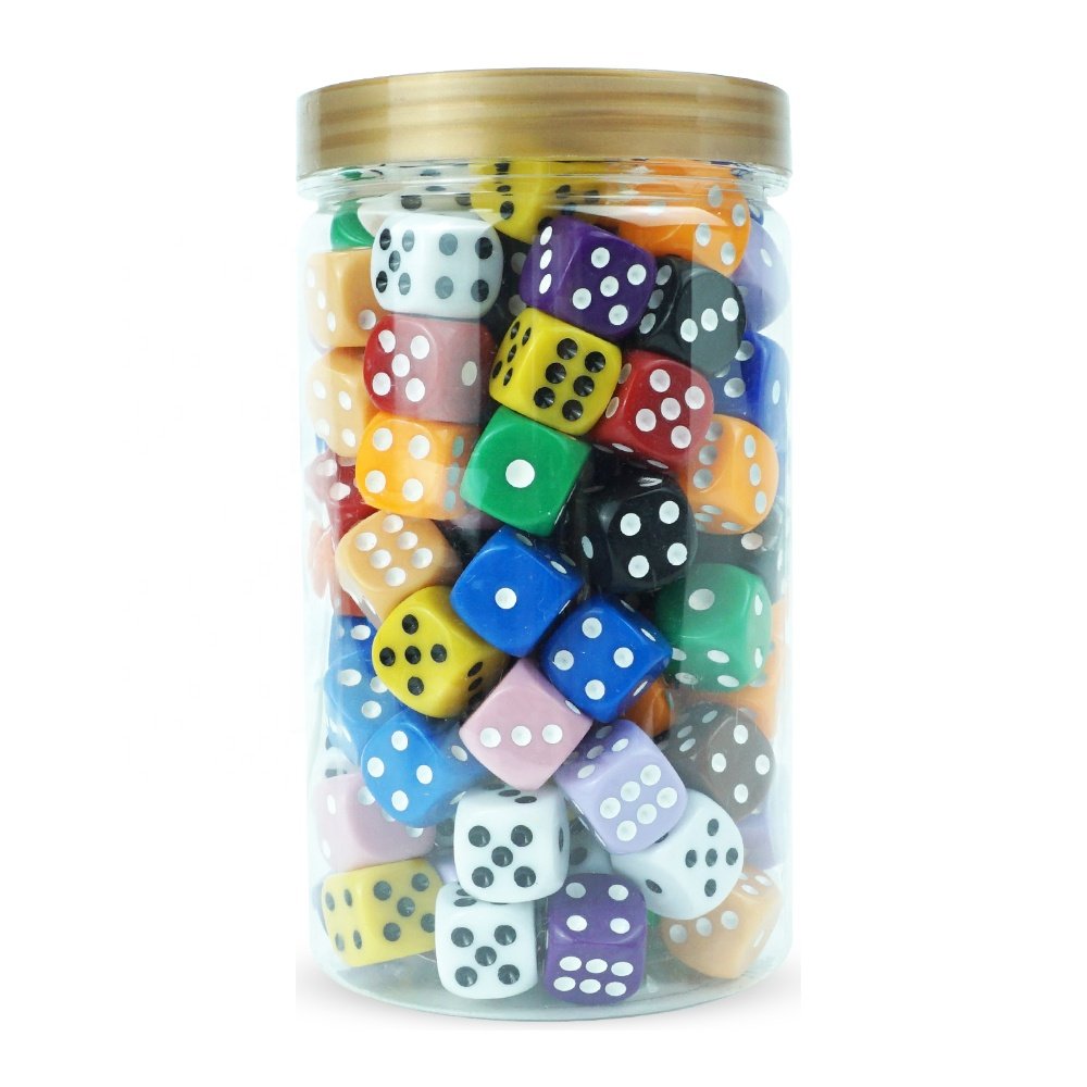 Wholesale 16mm custom colored d6 dice game set 100pcs color face acrylic dices with plastic bottle for table game