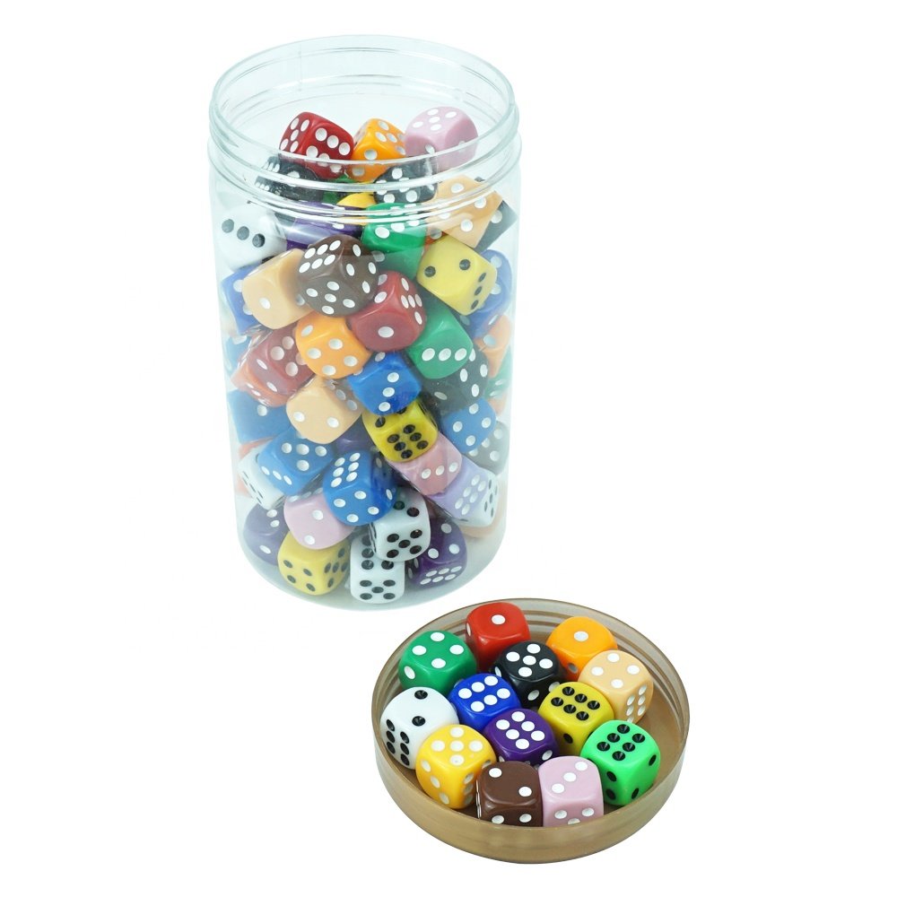 Wholesale 16mm custom colored d6 dice game set 100pcs color face acrylic dices with plastic bottle for table game