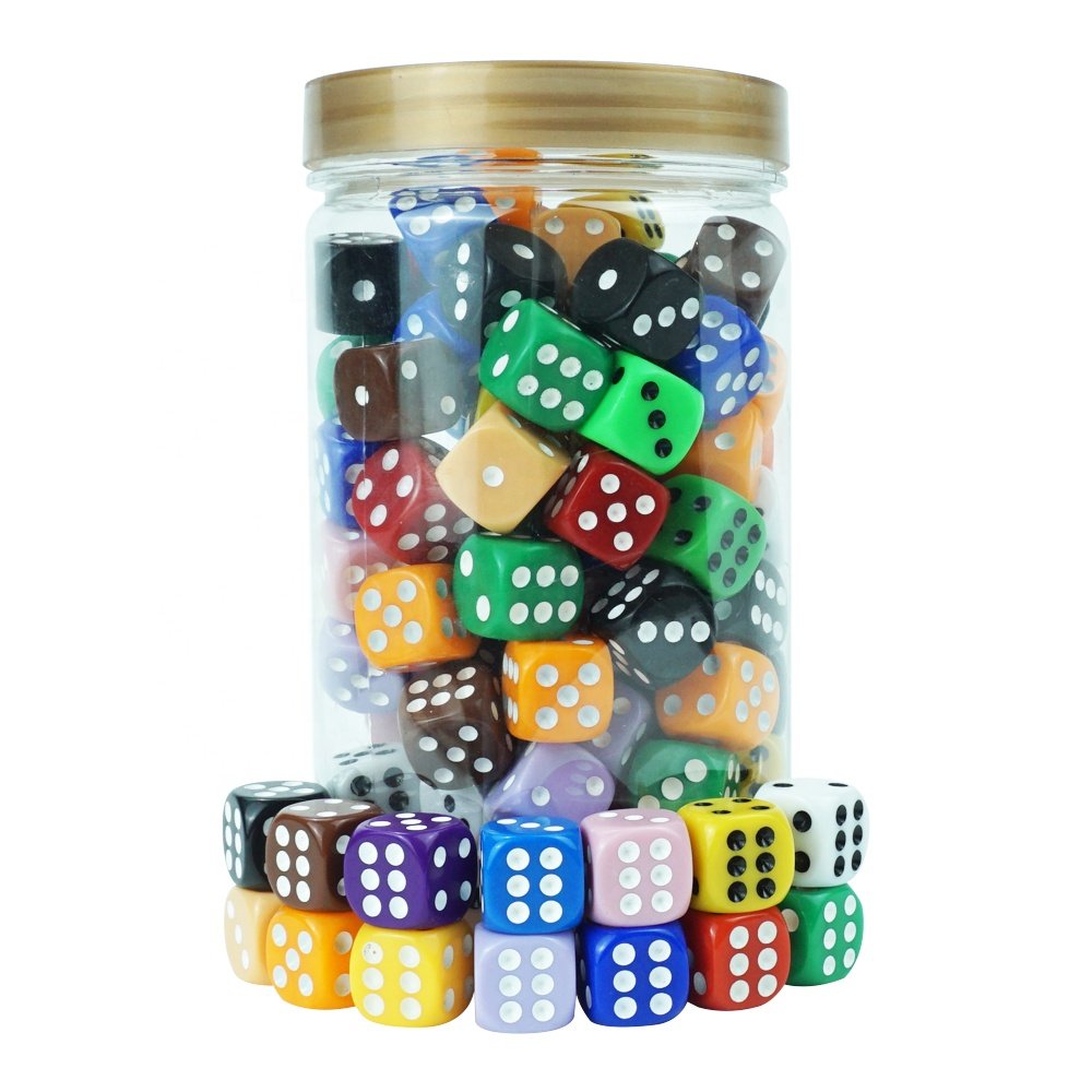Wholesale 16mm custom colored d6 dice game set 100pcs color face acrylic dices with plastic bottle for table game