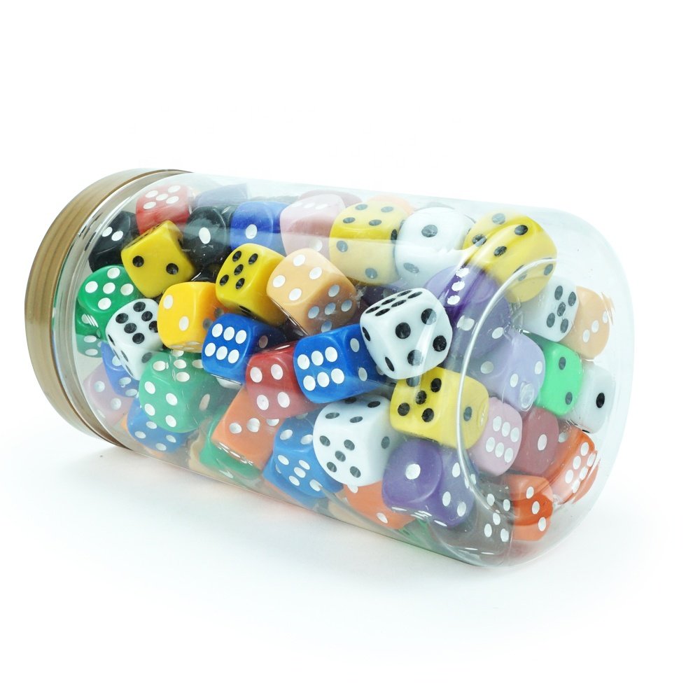 Wholesale 16mm custom colored d6 dice game set 100pcs color face acrylic dices with plastic bottle for table game