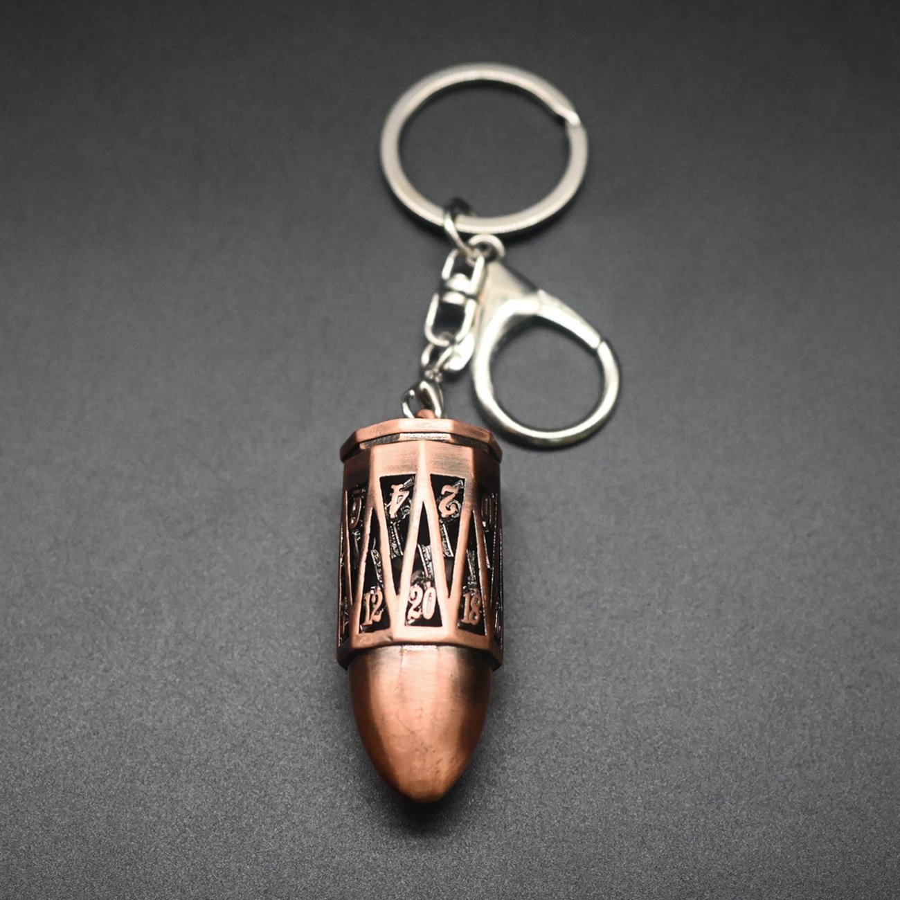 Gun Enthusiast Unique Cool Bullet Shape Metal Keychain Mini Dice Storage Box Gold Dice Keychain for DND Gamer