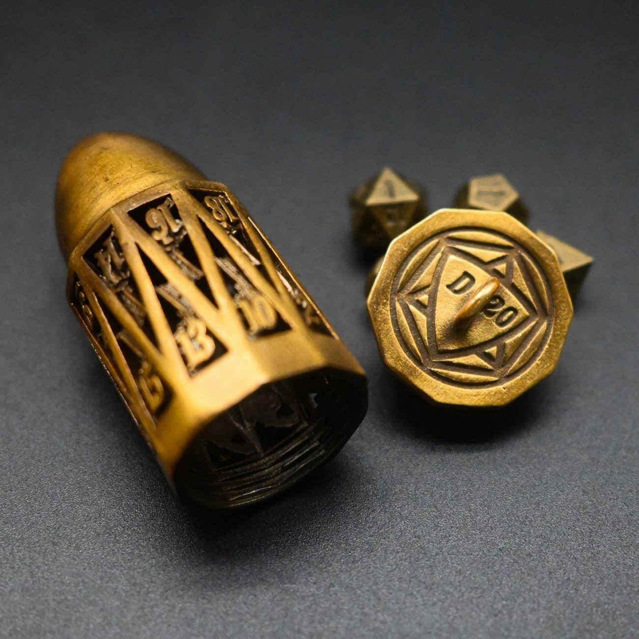 Gun Enthusiast Unique Cool Bullet Shape Metal Keychain Mini Dice Storage Box Gold Dice Keychain for DND Gamer