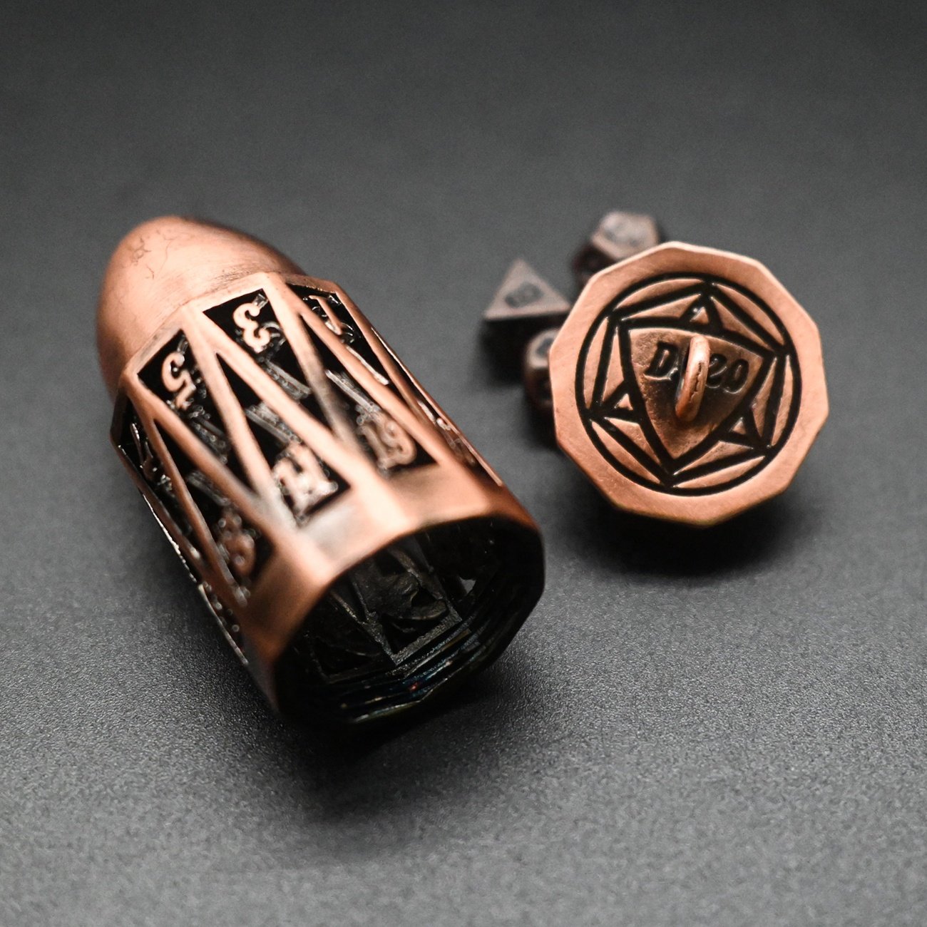 Gun Enthusiast Unique Cool Bullet Shape Metal Keychain Mini Dice Storage Box Gold Dice Keychain for DND Gamer