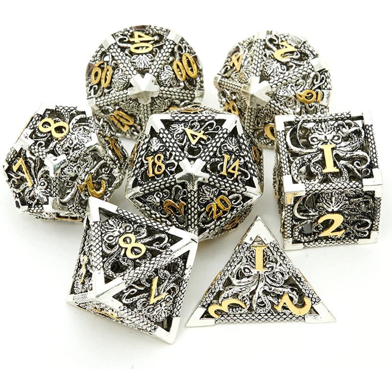 Mini Planet Wholesale RPG Board Games Handmade polyhedral Hollow Copper Metal dice set 7pcs Dice Custom Logo for DND MTG Players