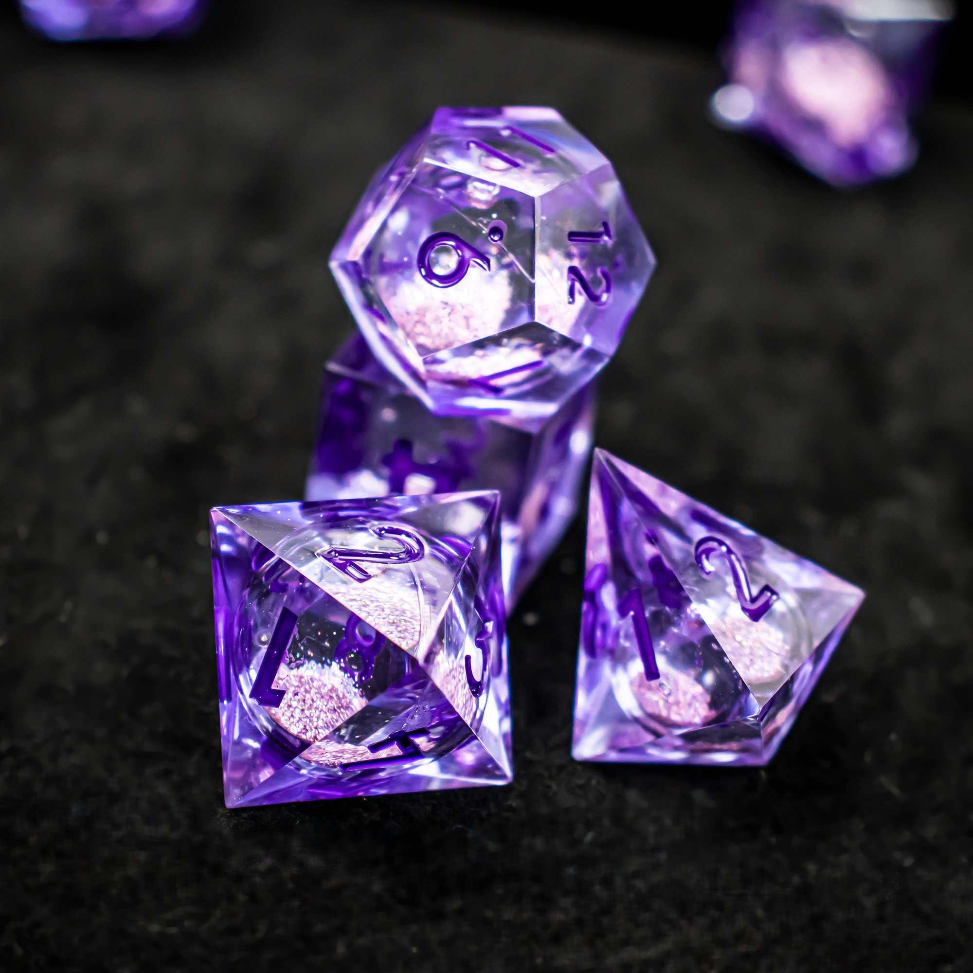 Custom Sharps Edge Resin Dice D6 D4 D8 D10 D12 D20 DND Purple Liquid Core Dungeons and Dragons RPG Dice Set