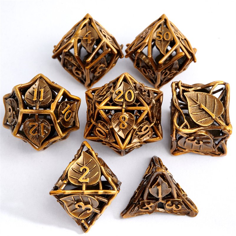 Customized Dnd Hollow Maple Leaf Metal Dice Set with 7 Rpg Dice Games, Suitable for D&D Dragons and Dungeons