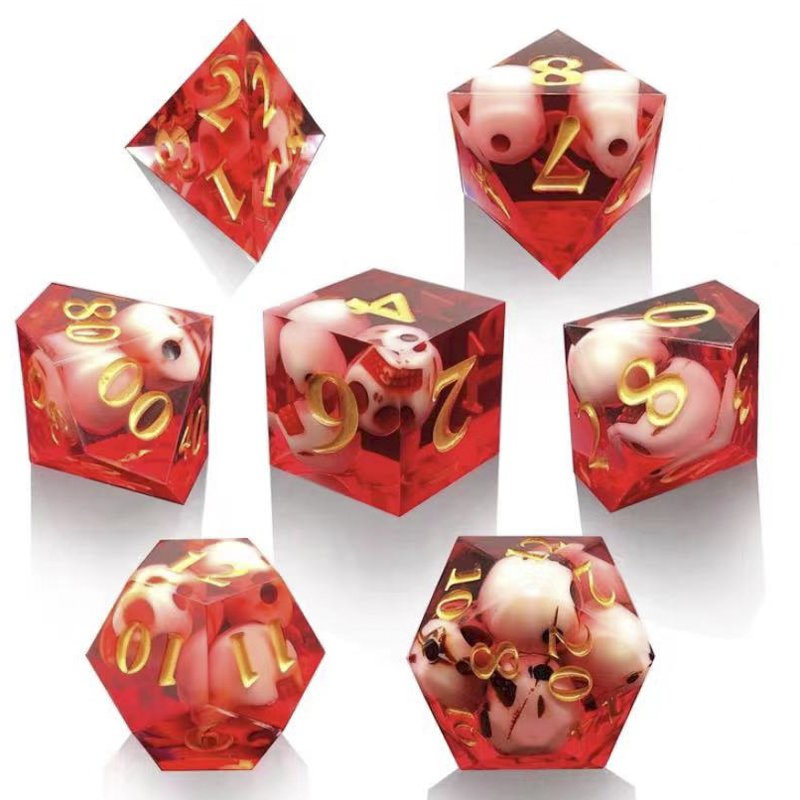 Handmade Dungeons Dragons RPG Dice Set Liquid Core Polyhedral Resin with Sharp Edge and Customizable Skull Grey Purple Red