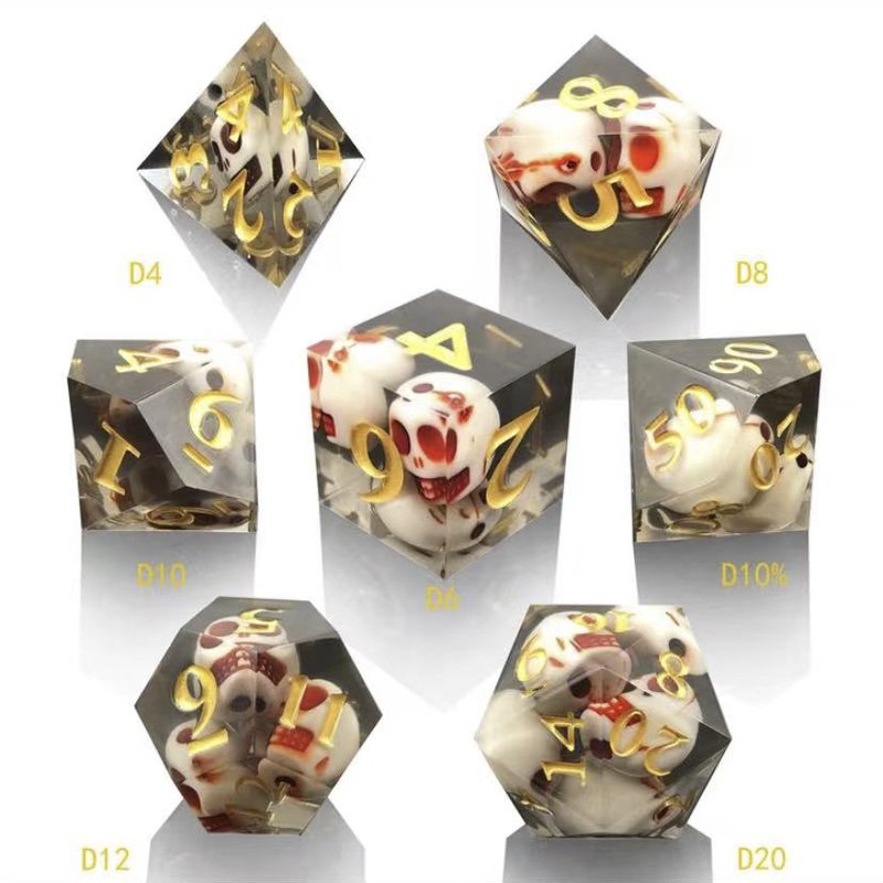 Handmade Dungeons Dragons RPG Dice Set Liquid Core Polyhedral Resin with Sharp Edge and Customizable Skull Grey Purple Red