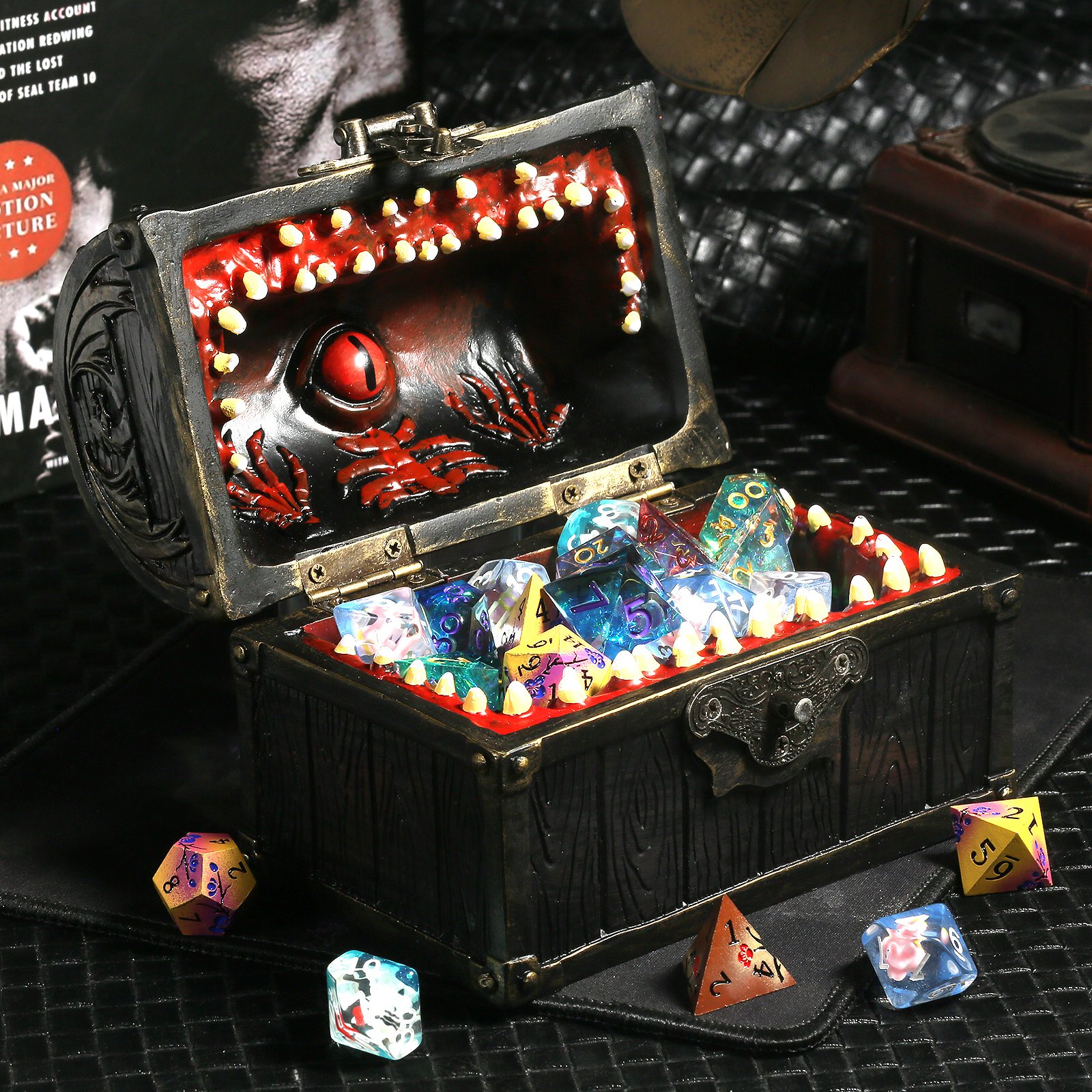 Mimic Chest Dice Storage Box Holds up to 35 DND Dice or 5 Polyhedral Dice Sets Gifts Dungeons & Dragons Gaming Holder Vault Case