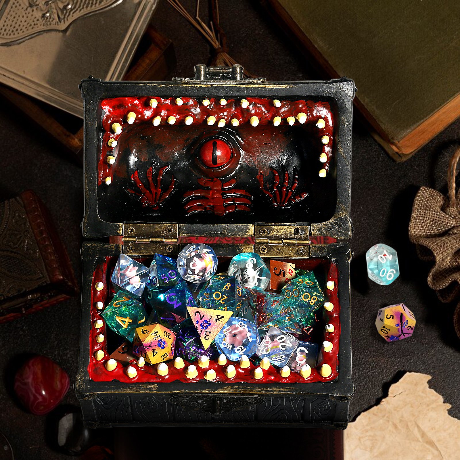 Mimic Chest Dice Storage Box Holds up to 35 DND Dice or 5 Polyhedral Dice Sets Gifts Dungeons & Dragons Gaming Holder Vault Case