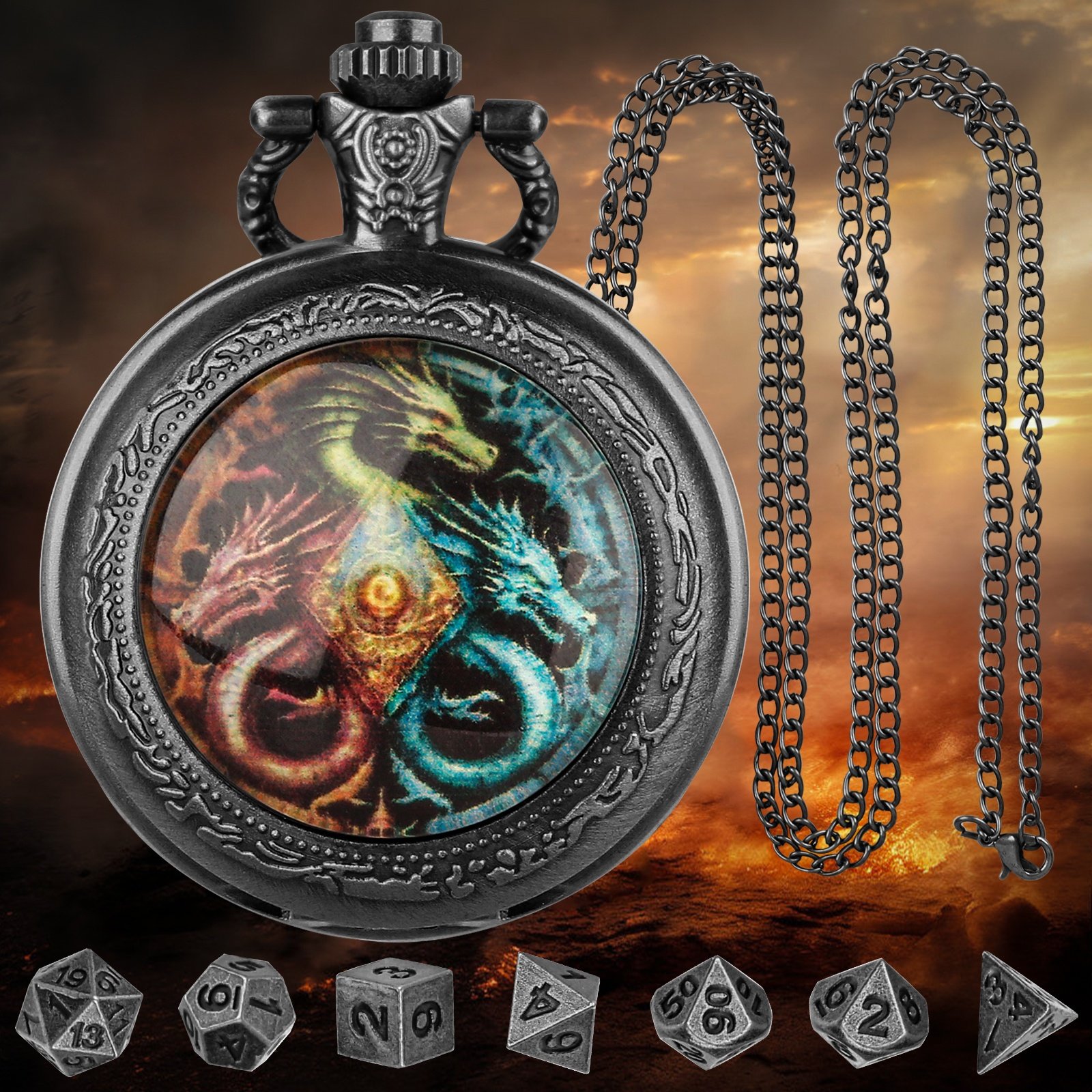 Vicious Dragon DND Pocket Watch Shell Dice Mini Metal Dice Set for Dungeons and Dragons