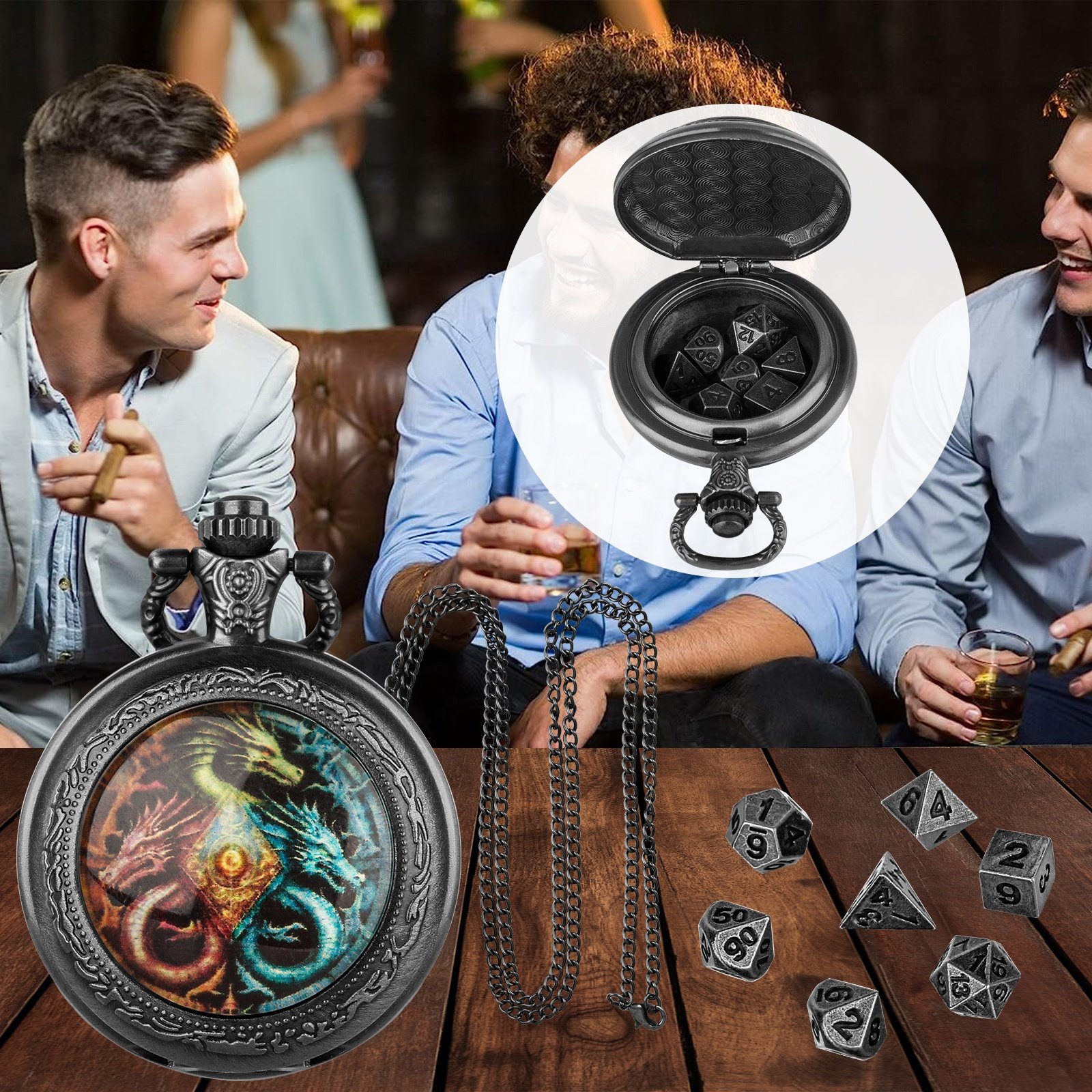 Vicious Dragon DND Pocket Watch Shell Dice Mini Metal Dice Set for Dungeons and Dragons