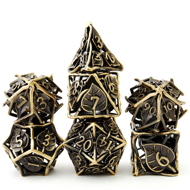 Metal leaf patterned hollow dice set with 7 polyhedral role-playing board game props