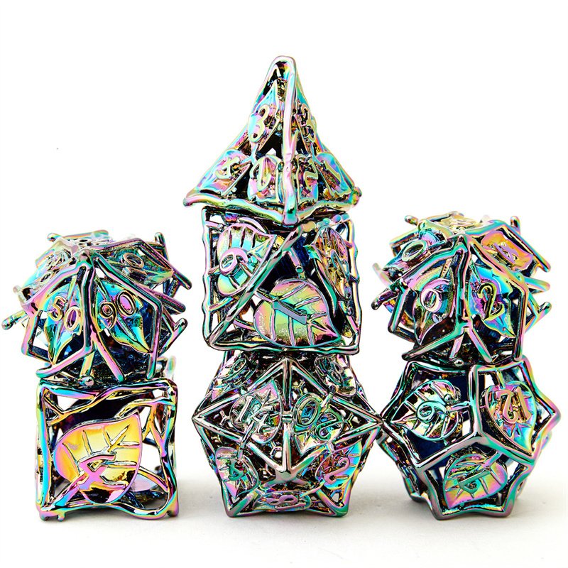Metal leaf patterned hollow dice set with 7 polyhedral role-playing board game props