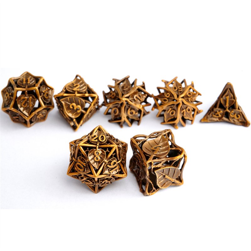 Metal leaf patterned hollow dice set with 7 polyhedral role-playing board game props