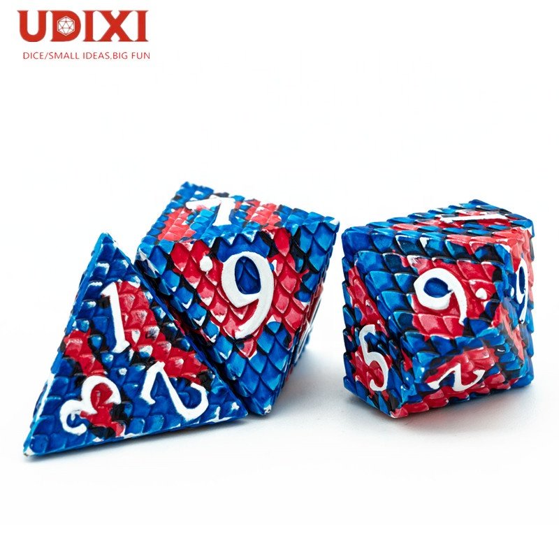 Udixi Polyhedral RPG Metal dungeons and dragons custom logo Dice Set Dragon Scale Red&Blue
