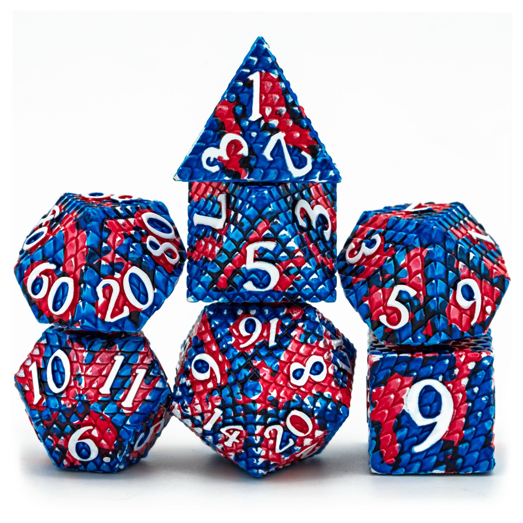 Udixi Polyhedral RPG Metal dungeons and dragons custom logo Dice Set Dragon Scale Red&Blue
