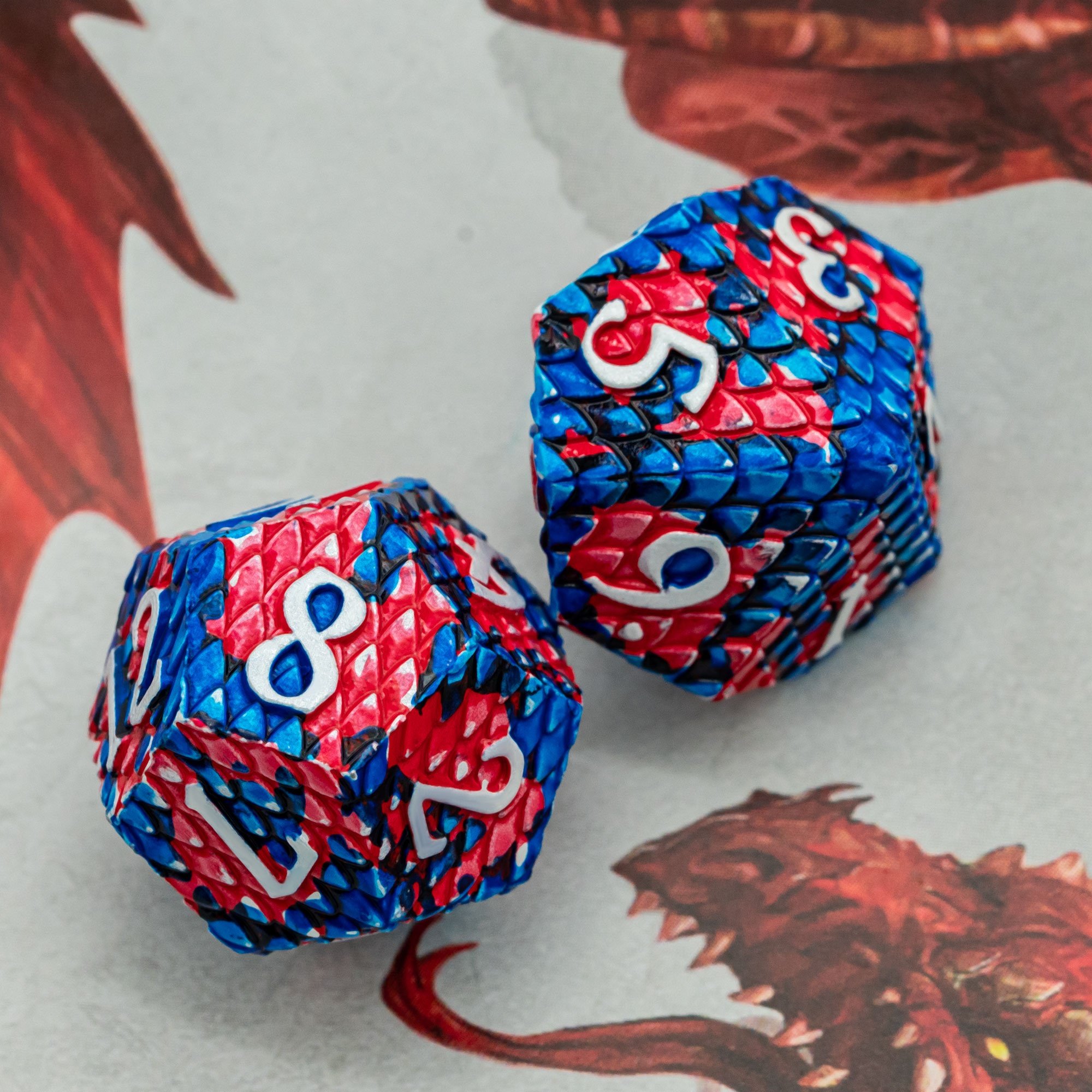 Udixi Polyhedral RPG Metal dungeons and dragons custom logo Dice Set Dragon Scale Red&Blue