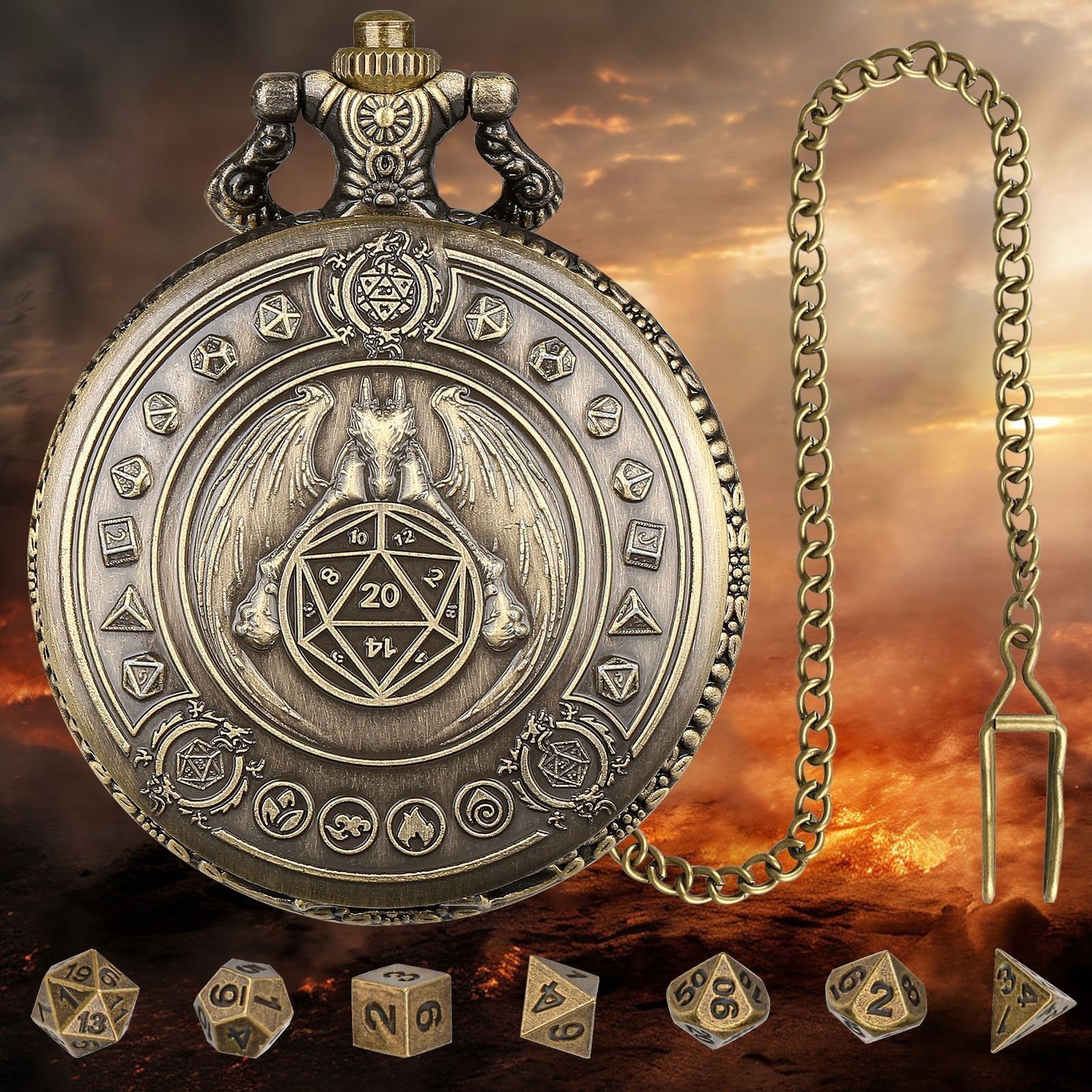 Antique Gold Pocket Watch Shell Case 7pcs Polyhedral Metal Dice Set for Dungeons and Dragons