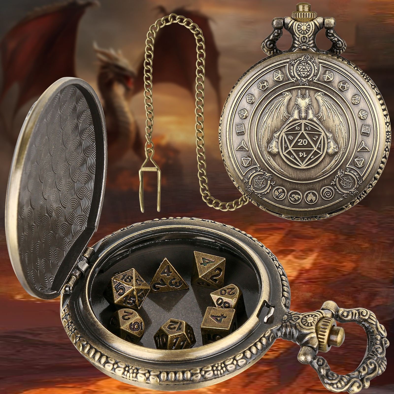 Antique Gold Pocket Watch Shell Case 7pcs Polyhedral Metal Dice Set for Dungeons and Dragons