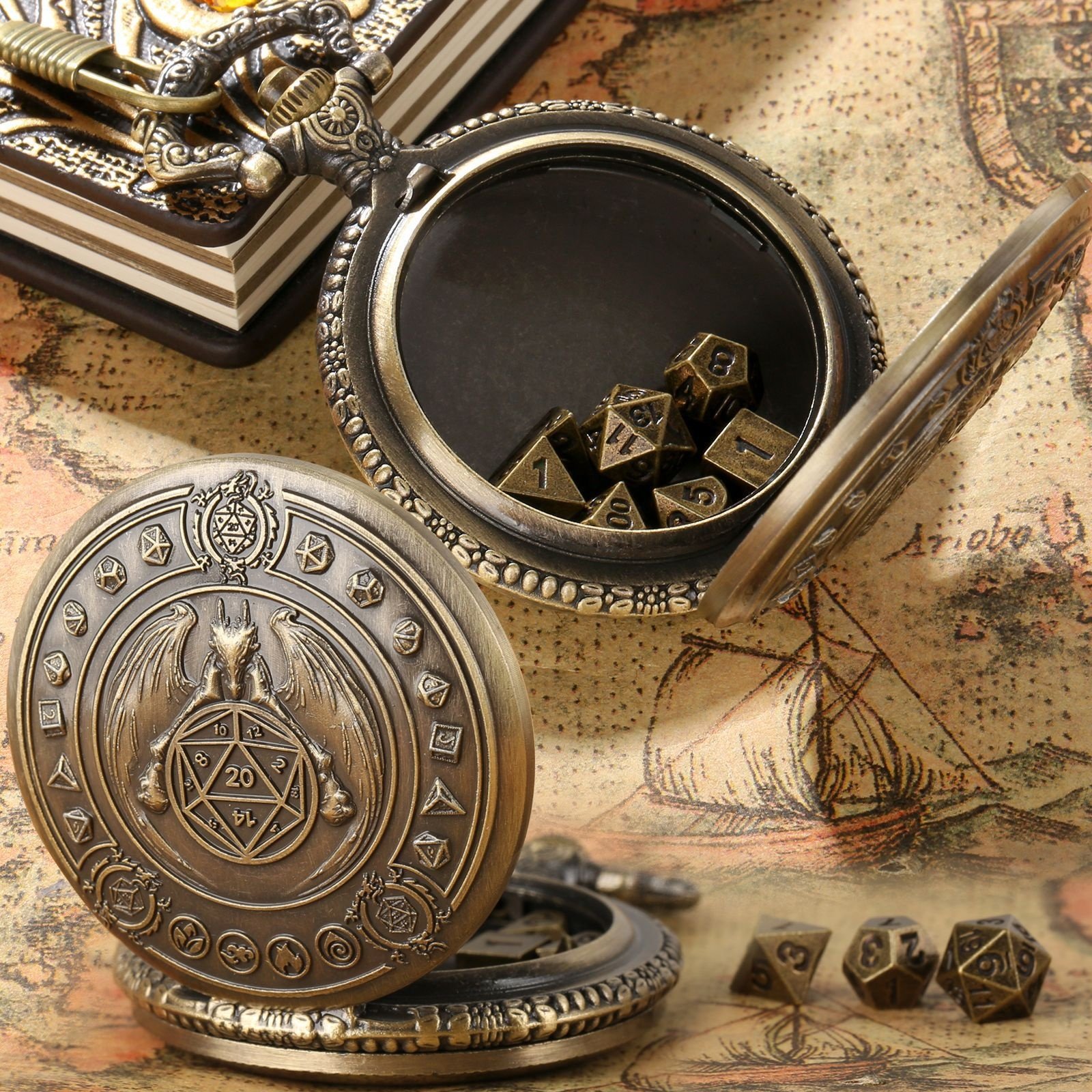 Antique Gold Pocket Watch Shell Case 7pcs Polyhedral Metal Dice Set for Dungeons and Dragons