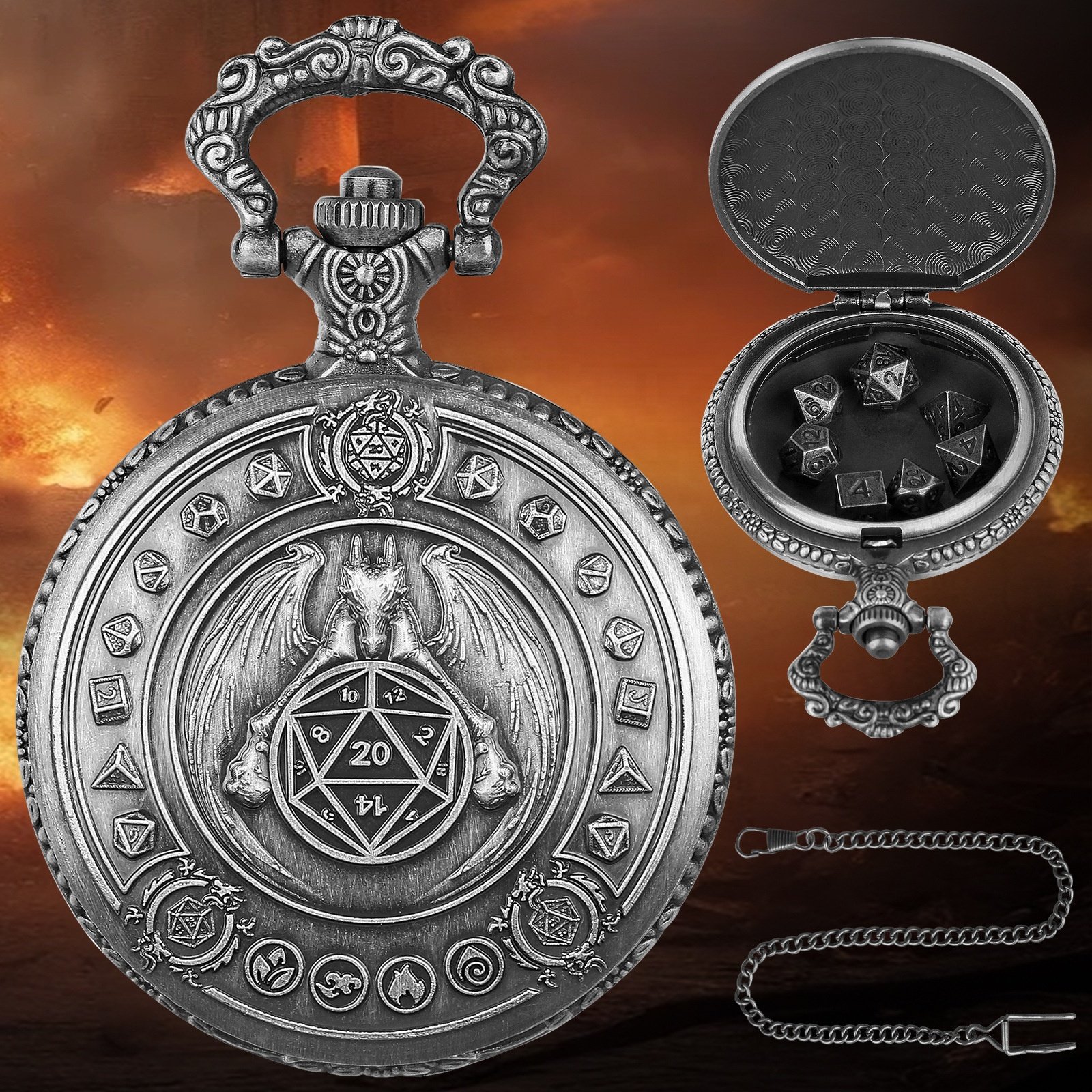 Antique Gold Pocket Watch Shell Case 7pcs Polyhedral Metal Dice Set for Dungeons and Dragons