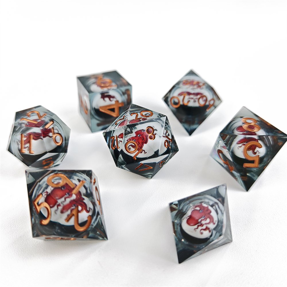 Liquid Core Sharp Edge Resin DND Dice with Movable Octopus Ball Polyhedral Dice Set for Dungeons and Dragons Role Playing Game