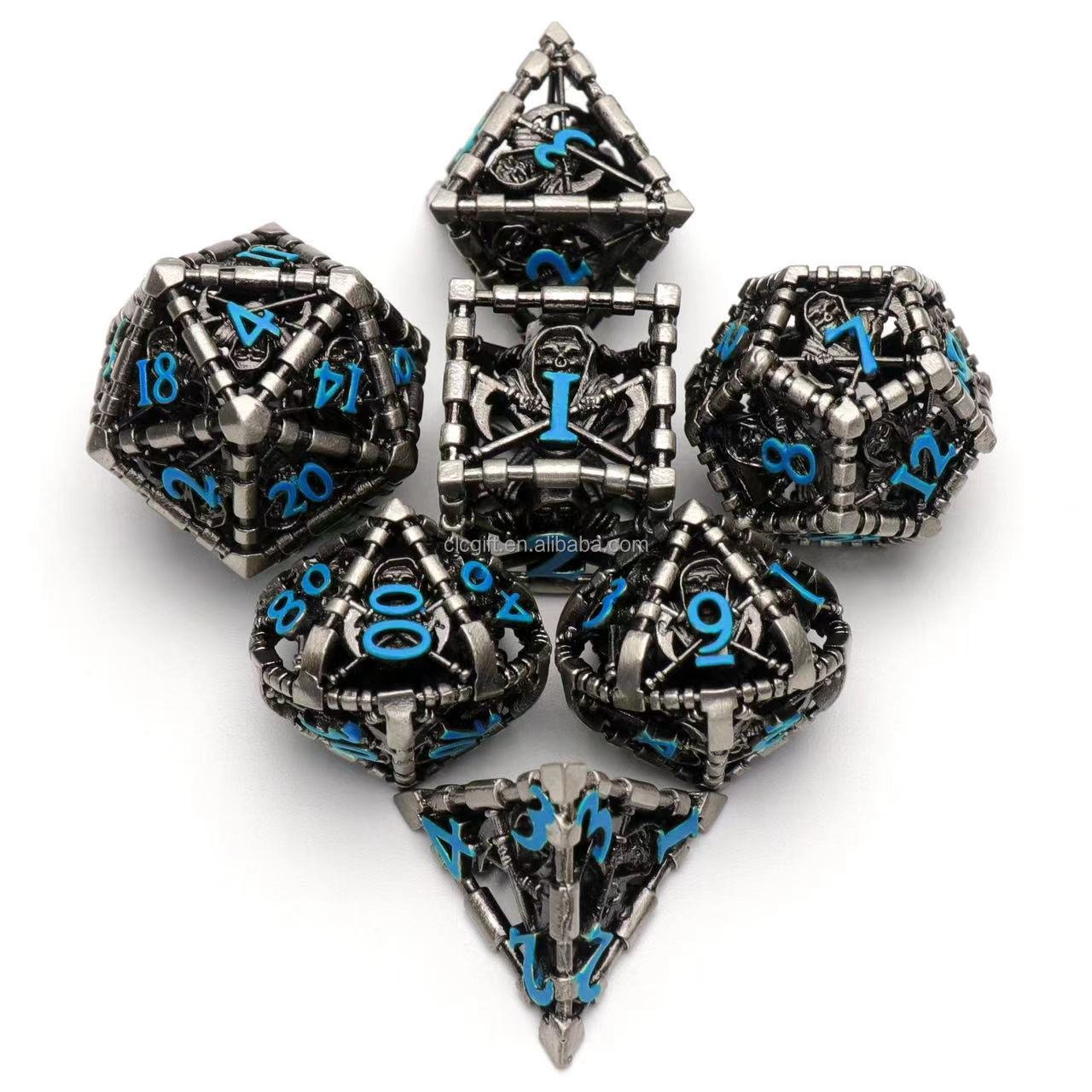 New Metal Polyhedral Dice Set Role Playing D&D Hollow Grim Reaper Dice Gaming Dice for Table Game RPG MTG Pathfinder Warhammer