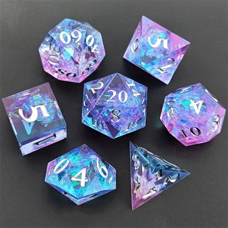 Blue and Purple Sharp-edge Gaming epoxy RPG DND resin Dice Set Polyhedral with Silver Sunken