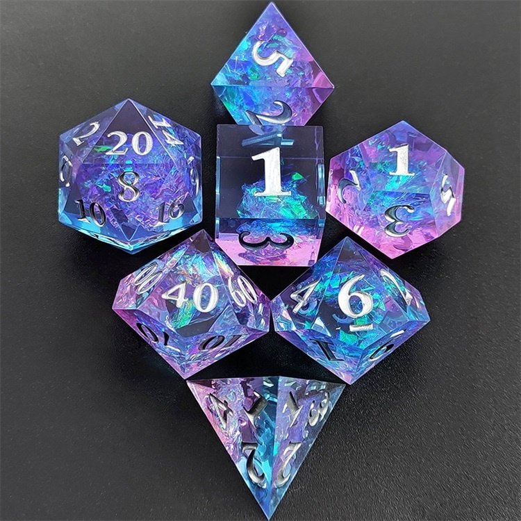 Blue and Purple Sharp-edge Gaming epoxy RPG DND resin Dice Set Polyhedral with Silver Sunken