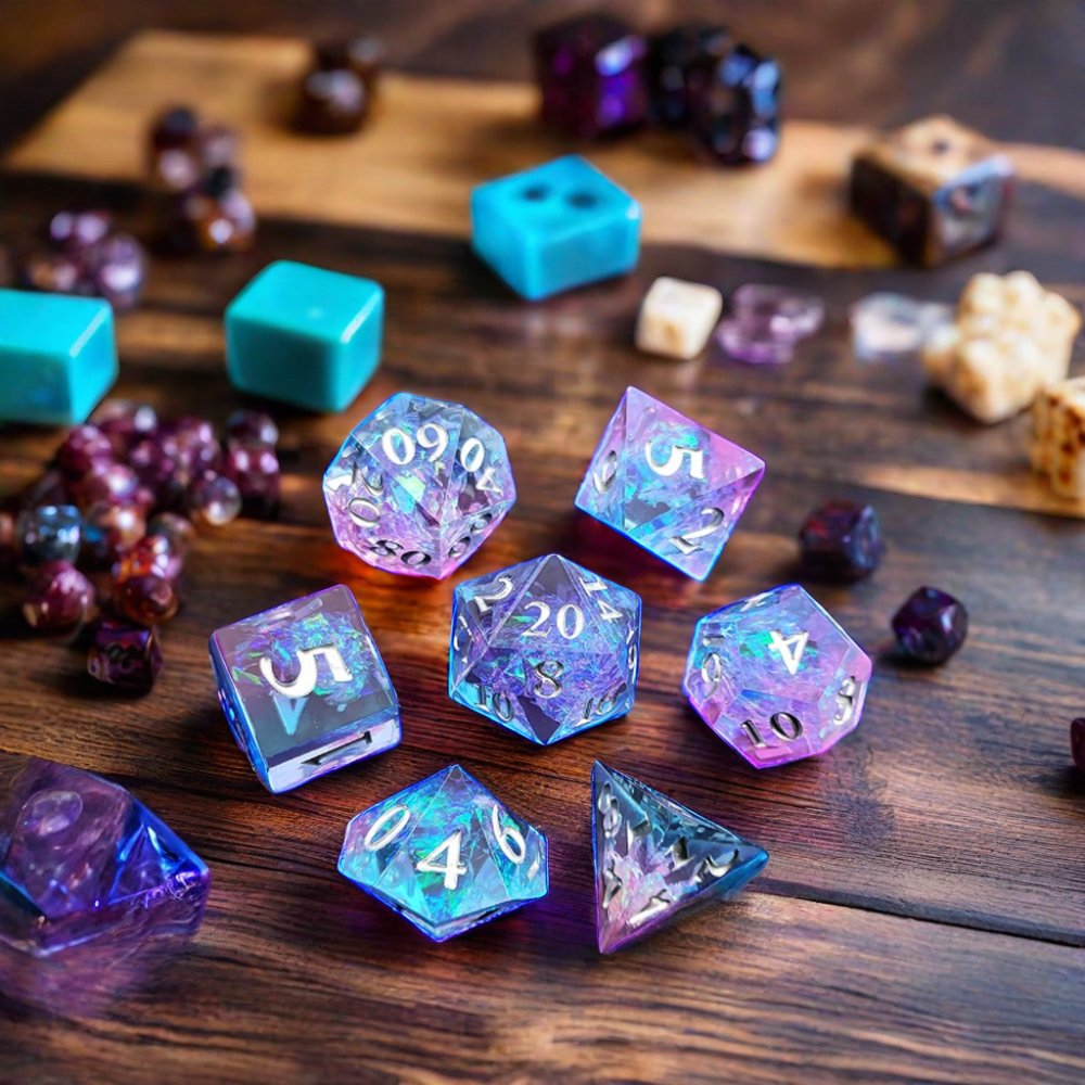 Blue and Purple Sharp-edge Gaming epoxy RPG DND resin Dice Set Polyhedral with Silver Sunken