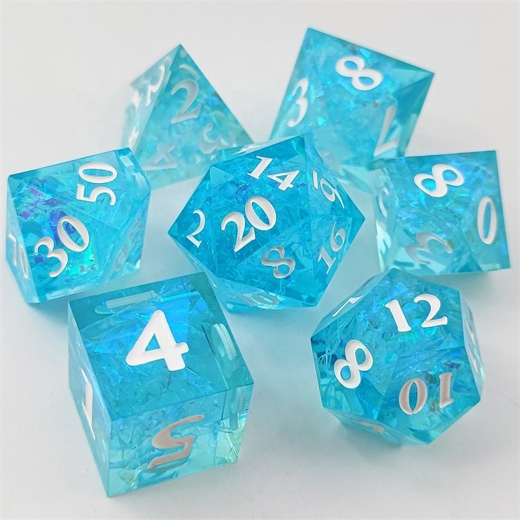 Blue and Purple Sharp-edge Gaming epoxy RPG DND resin Dice Set Polyhedral with Silver Sunken