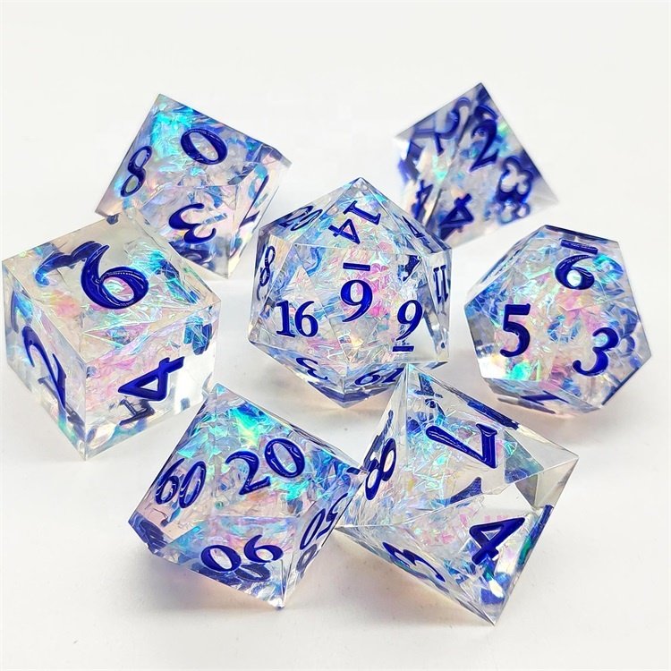 Blue and Purple Sharp-edge Gaming epoxy RPG DND resin Dice Set Polyhedral with Silver Sunken
