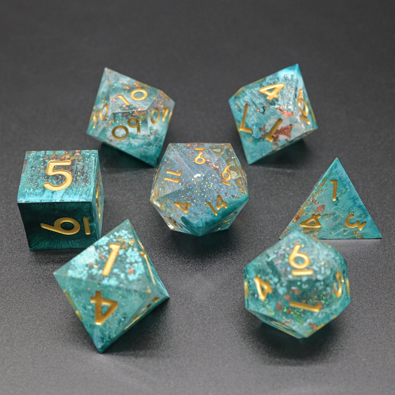 High Grade Handcrafted Emerald Green Snowstorm Resin Sharp Edge Assorted Dice for DND Player