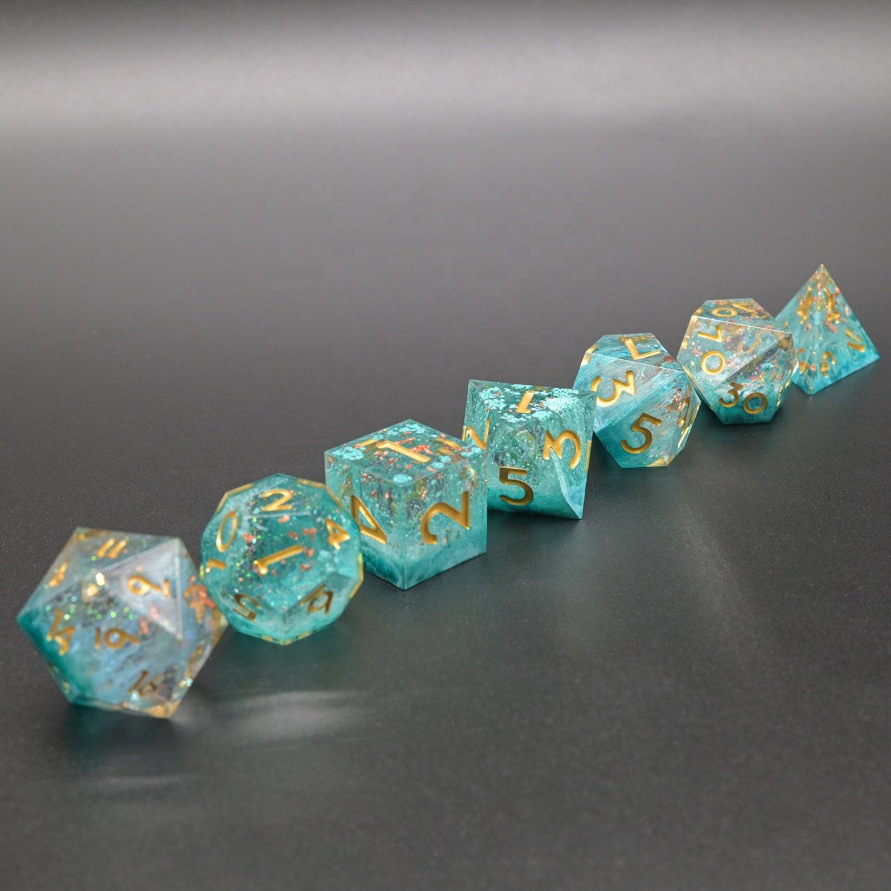 High Grade Handcrafted Emerald Green Snowstorm Resin Sharp Edge Assorted Dice for DND Player