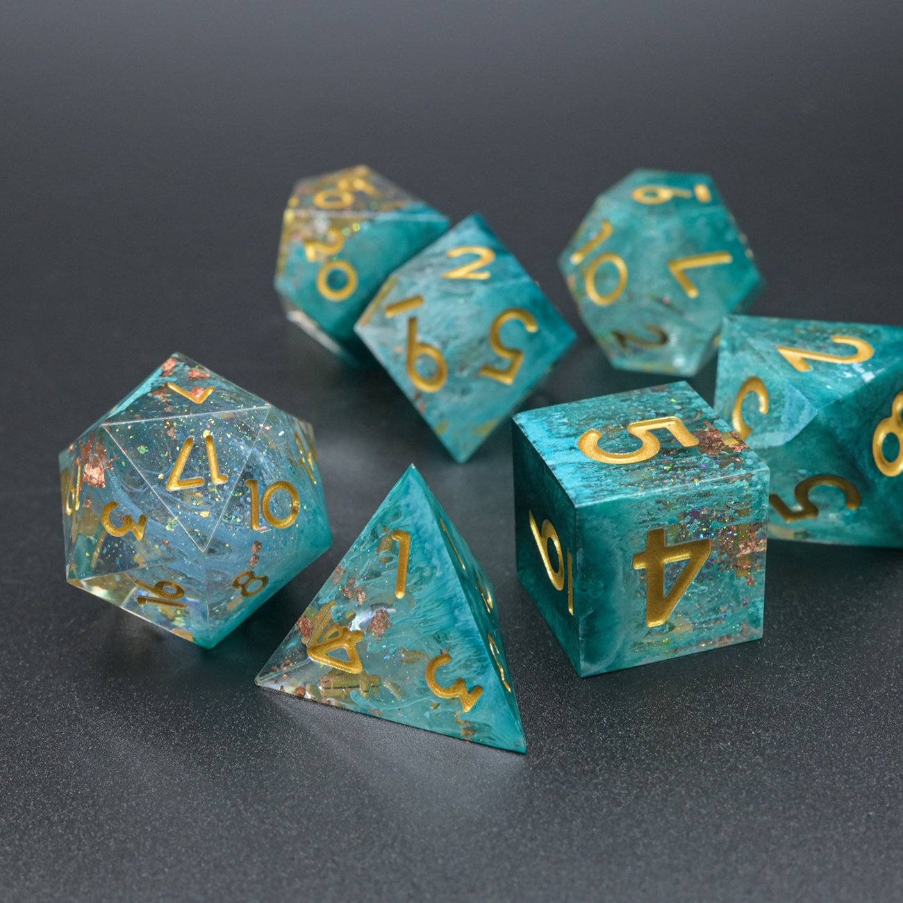 High Grade Handcrafted Emerald Green Snowstorm Resin Sharp Edge Assorted Dice for DND Player