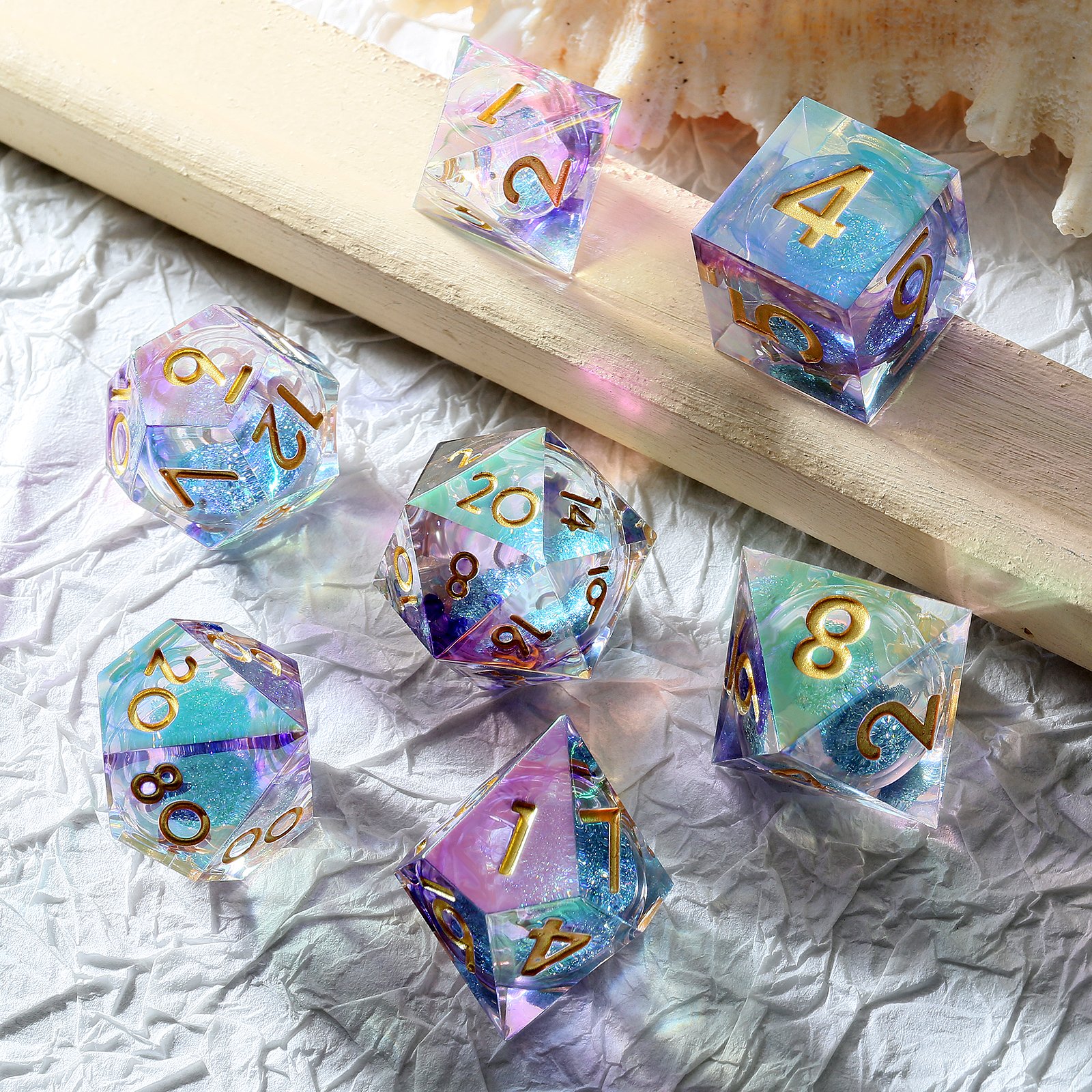 Rainbow iridescent plating Polyhedral Sharp Edge Resin Dice Set D&D Custom Dragon Eye DnD Dice Liquid Core Dice for TTRPG