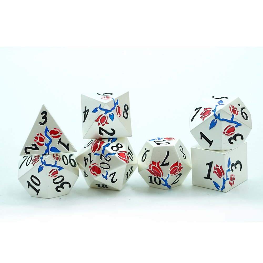 Stock Wholesale New Design Polyhedral Silver Metal Red And Blue Flower Rose Dice For Game With Dnd Dice Set Box
