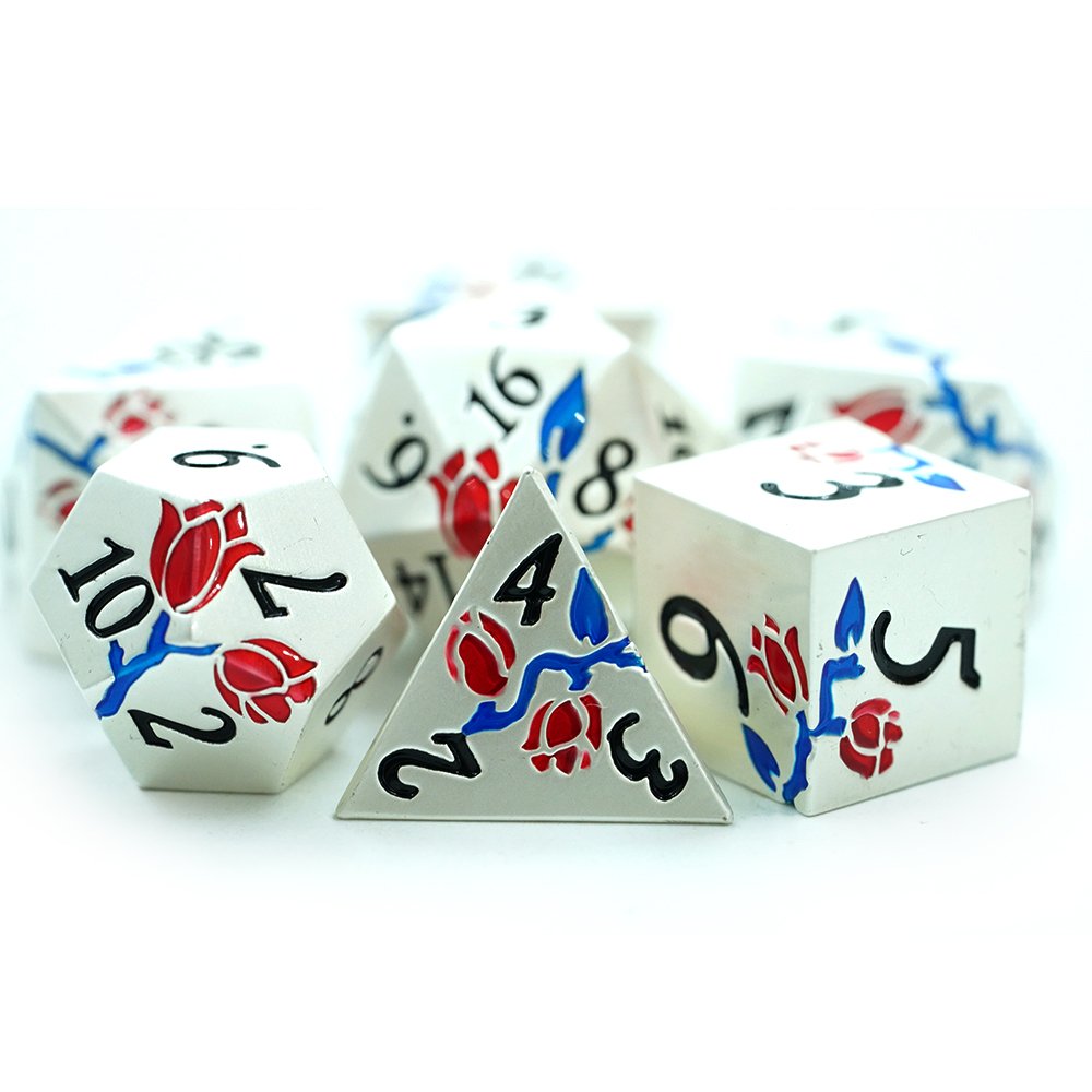 Stock Wholesale New Design Polyhedral Silver Metal Red And Blue Flower Rose Dice For Game With Dnd Dice Set Box