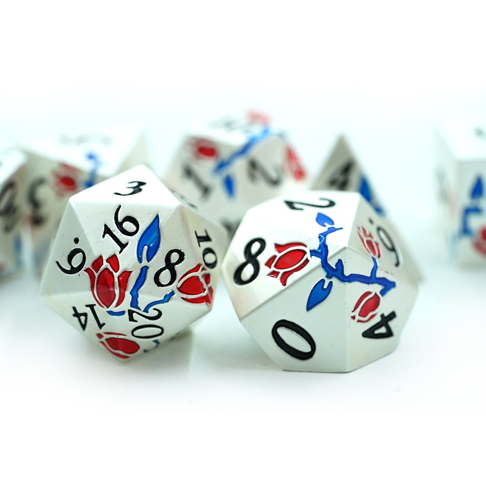 Stock Wholesale New Design Polyhedral Silver Metal Red And Blue Flower Rose Dice For Game With Dnd Dice Set Box