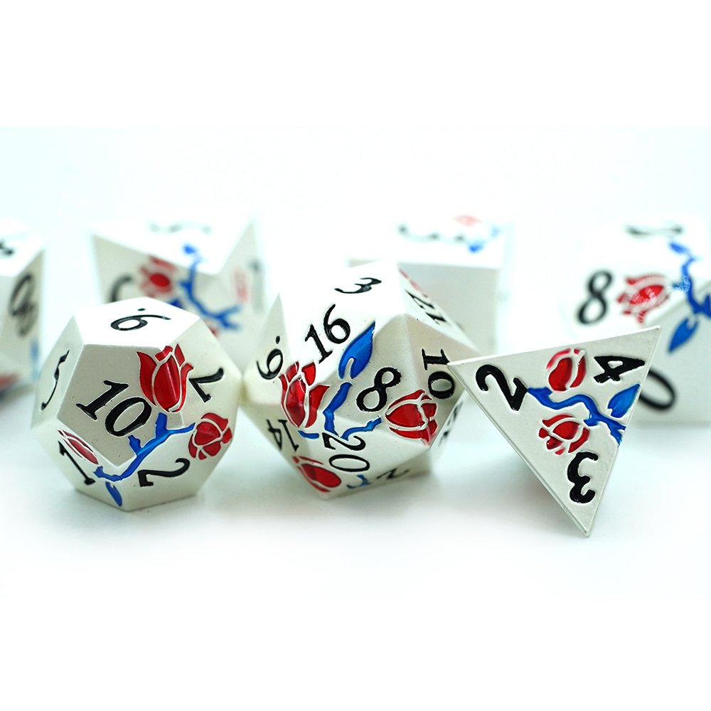 Stock Wholesale New Design Polyhedral Silver Metal Red And Blue Flower Rose Dice For Game With Dnd Dice Set Box
