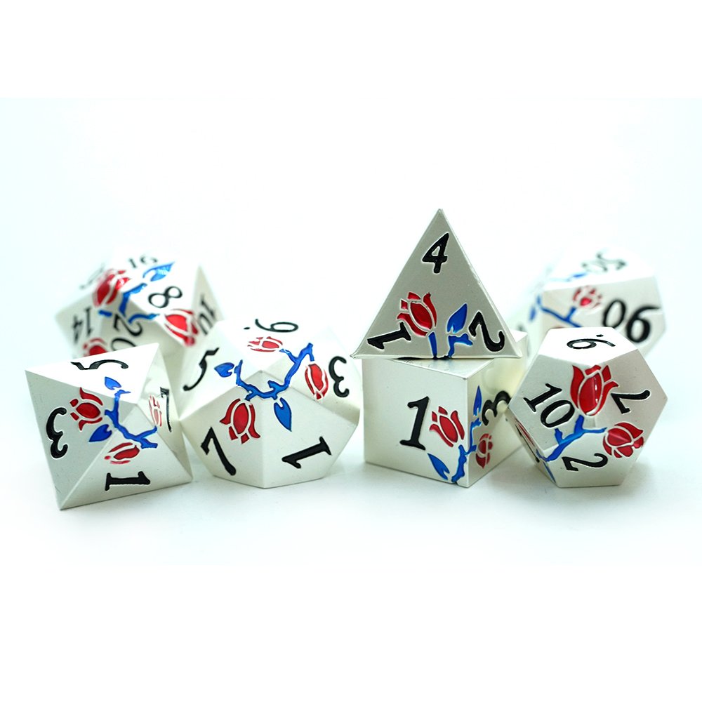 Stock Wholesale New Design Polyhedral Silver Metal Red And Blue Flower Rose Dice For Game With Dnd Dice Set Box
