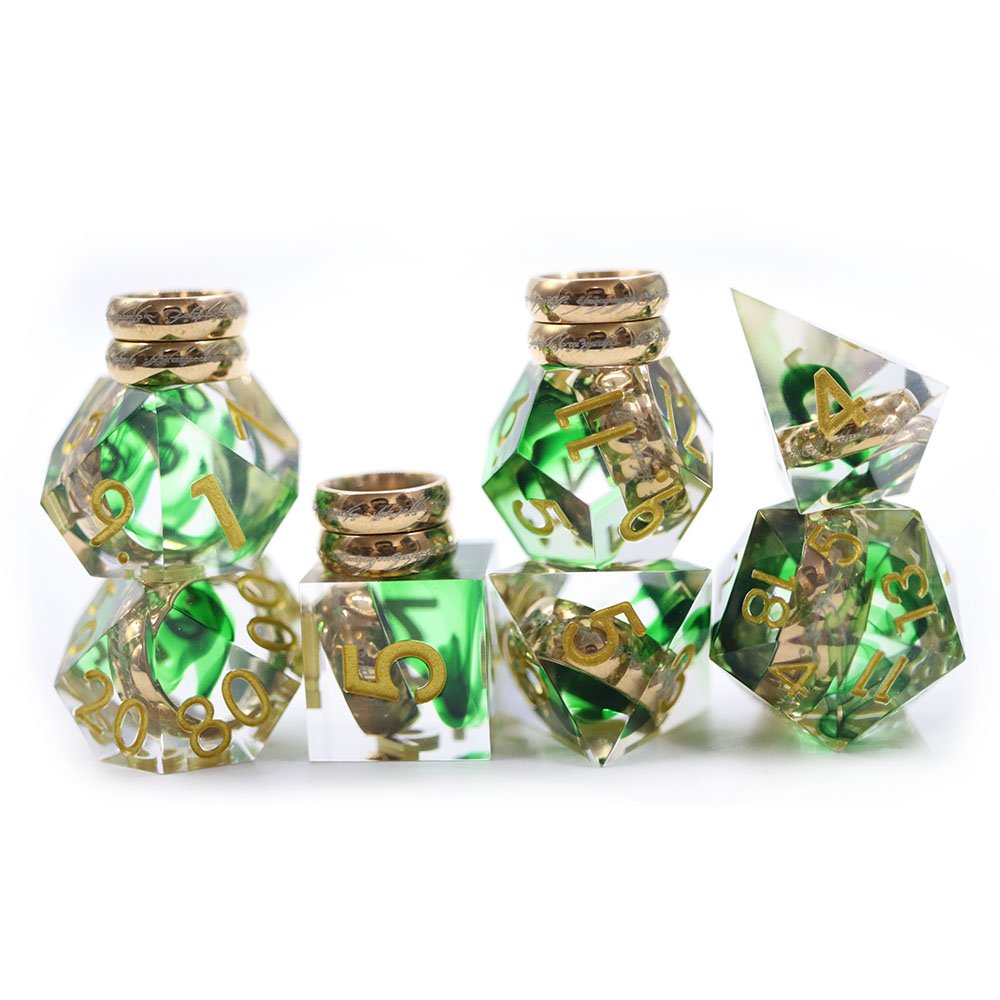 Personalized Commumication Polyhedral D&D Dice Dungeons and Dragons Green Magic Rings Full Set 7 pieces Resin Dice Set