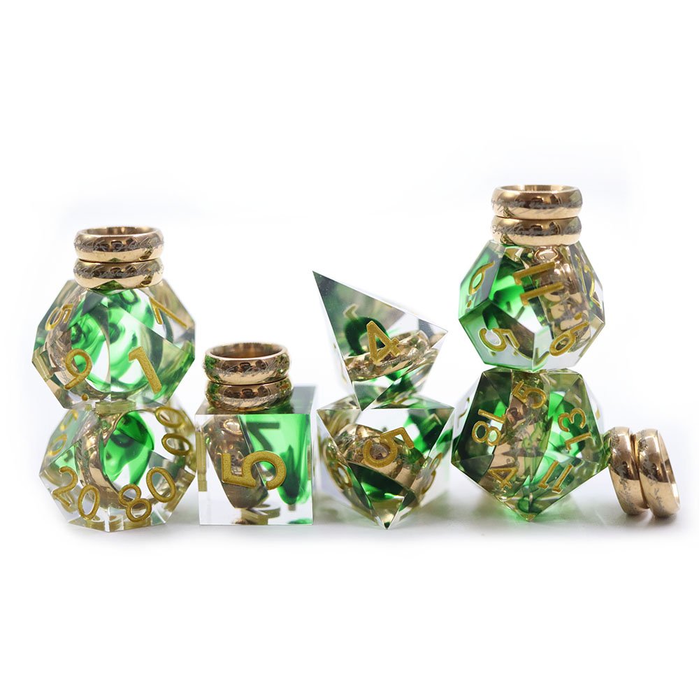 Personalized Commumication Polyhedral D&D Dice Dungeons and Dragons Green Magic Rings Full Set 7 pieces Resin Dice Set