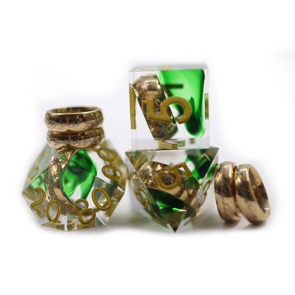 Personalized Commumication Polyhedral D&D Dice Dungeons and Dragons Green Magic Rings Full Set 7 pieces Resin Dice Set