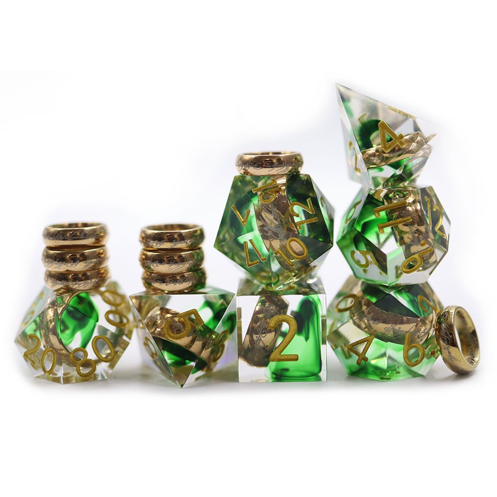 Personalized Commumication Polyhedral D&D Dice Dungeons and Dragons Green Magic Rings Full Set 7 pieces Resin Dice Set