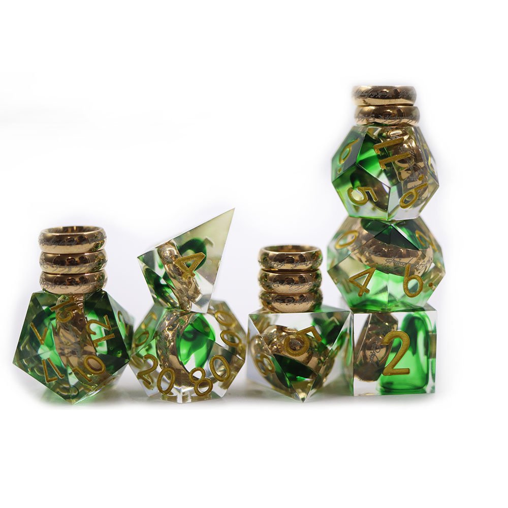 Personalized Commumication Polyhedral D&D Dice Dungeons and Dragons Green Magic Rings Full Set 7 pieces Resin Dice Set