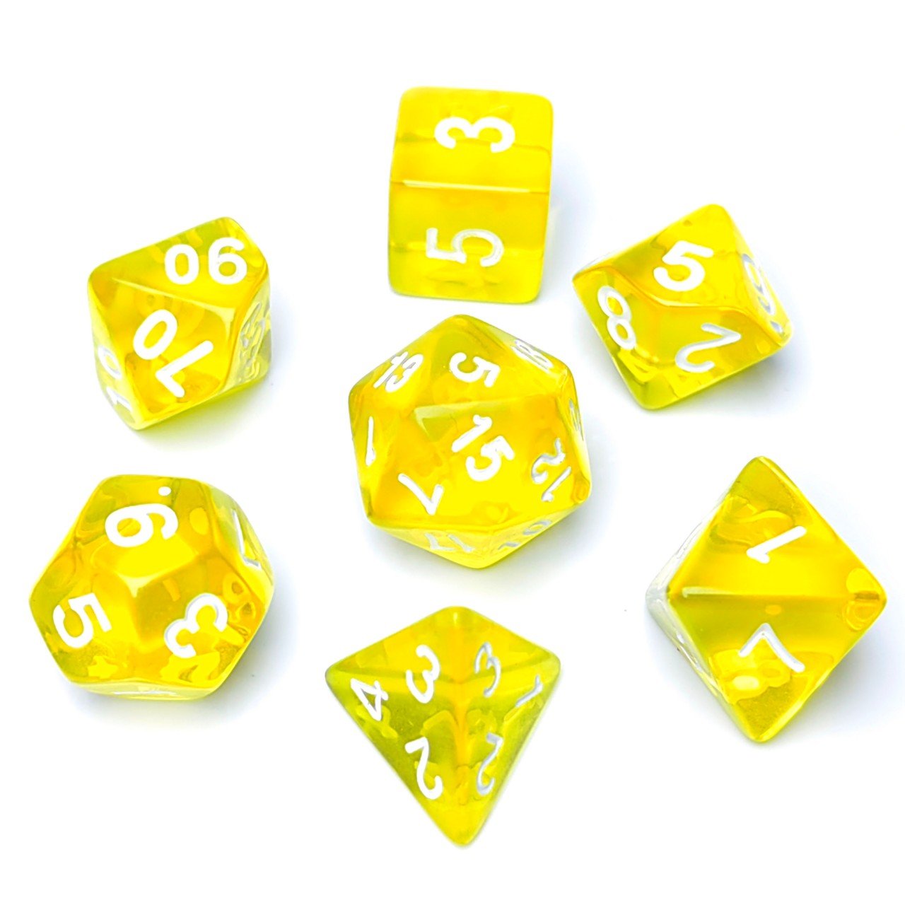 Manufacturers in stock clear colored Right Angle 7PCS 19mm Transparent yellow custom Engraved Logo D20 dice