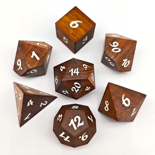 Brown Wooden Polyhedral Dnd Rpg Dice Set For Dungeons And Dragons